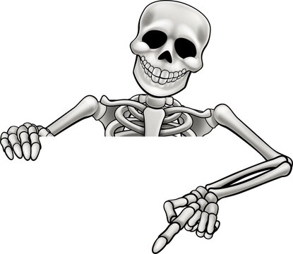 A skeleton Halloween cartoon character peeking over a sign and pointing