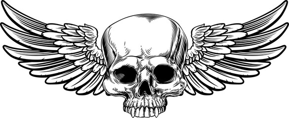 Winged Skull Vintage Etched Woodcut Style