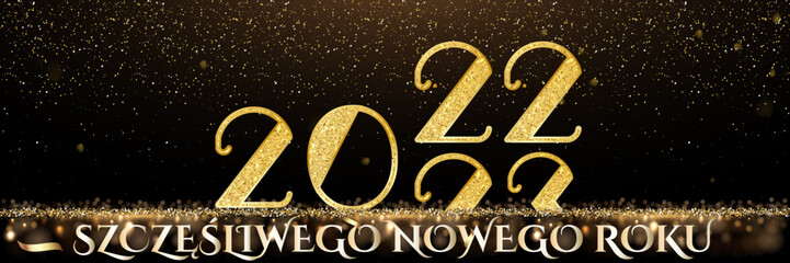 karta lub baner na szczęśliwego nowego roku 2023 w kolorze złotym i białym z numerem 22 i 23, który rozwija się na czarno-brązowym tle gradientowym ze złotym brokatem