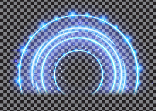 Blue magic arc. Abstract magic light effect. Luminous neon arch lines with flying lights.