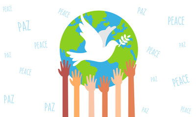 Ilustración de el mundo con unas manos y una paloma que simboliza la paz mundial © NayeliPerla