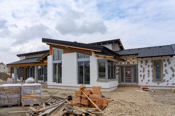 modern House under construction with polystyrene insulation almost ready
