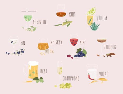 Icons set of various alcohol types in different glasses with components. Glassware collection in flat outline style vector illustration.