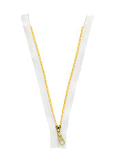 Golden zipper isolated on white, top view