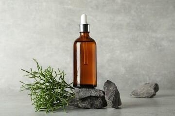 Bottle of hydrophilic oil, rocks and green plant on light grey table