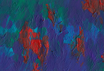 Abstract art dark blue, red, green textured background. Modern acrylic painting. Artistic grunge backdrop. Contemporary artwork.