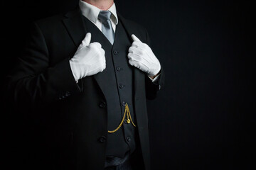 Portrait of Butler in Dark Suit and White Gloves Standing Proudly. Concept of Service Industry and Professional Hospitality. - obrazy, fototapety, plakaty