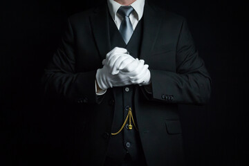 Portrait of Butler in Dark Suit and White Gloves. Concept of At Your Service. Professional...