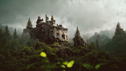 Old castle or fortress as abandoned ruin in dark forest - obrazy, fototapety, plakaty