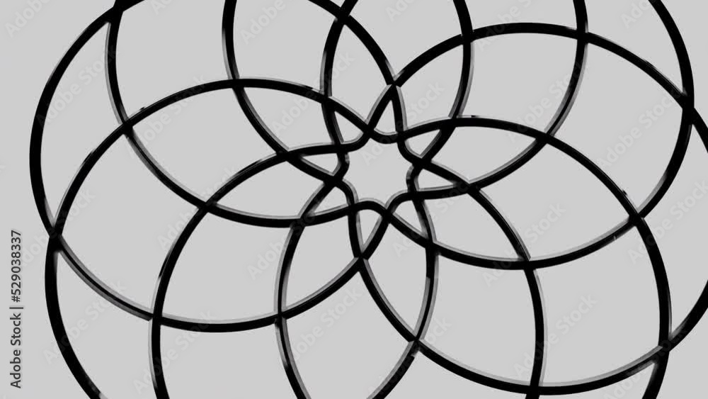 Poster white background. motion.black patterns of circles in the animation that connect and get a kaleidosc