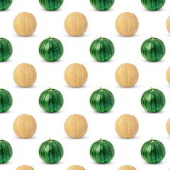 Seamless pattern with watermelon and melon on white.