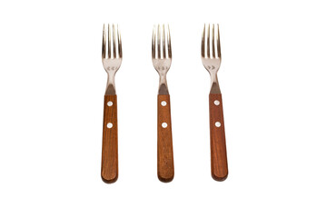 Three forks with wooden handles isolated on a white background