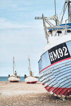 Multiple Fishing Boats At Slettestrand In Denmark. High Quality Photo