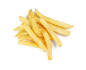 Delicious fresh french fries on white background, top view