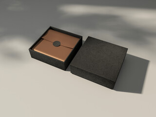 Square Black Box Mockup with golden wrapping paper on white table with shadows, 3d rendering