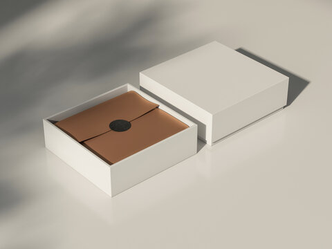 Square White Box Mockup with golden wrapping paper and sticker on white table with shadows, 3d rendering