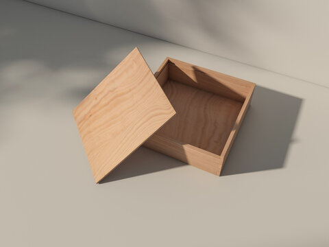 Opened Wooden box Mockup on white table with shadows. 3d rendering