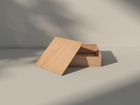 Opened Wooden plywood box Mockup on white table with shadows. 3d rendering