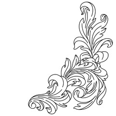 Fototapeta premium Decorative floral corner in baroque style. Engraved black curling plant.