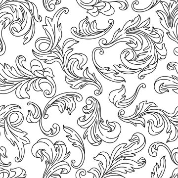 Decorative floral seamless pattern in baroque style. Engraved black curling plant.