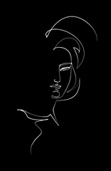 Signature in a form of woman face, continuous line ink drawing, white on black