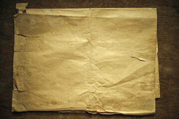 An old sheet of yellowed paper on a vintage wooden table. An old map. A blank blank of antique paper.