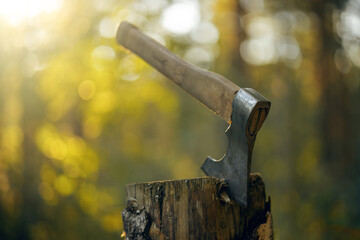 A metal axe with a wooden handle, stuck in a wooden log against the background of the sun rays in...