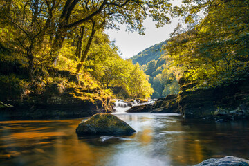 view of the East Lyn River and Watersmeet in Lynmouth in North Devon in autumn