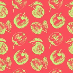 Multicolored apples seamless pattern. Vector color apple background with fruit pencil drawings for vegan banner, juice, baby food packaging, jam label design. Cider badge backdrop. Organic food design