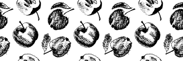 Black apple background. Vector apples seamless pattern with fruit hand drawn pencil illustration for vegan banner, juice, baby food packaging, jam label design. Monochrome fruits backdrop. Cider badge