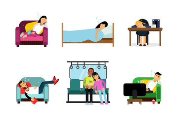 People Characters Sleeping and Snoring Lying in Bed and Sitting at Office Desk or Lounging in Armchair Vector Set