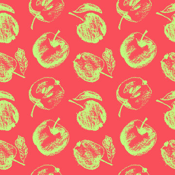 Multicolored apples seamless pattern. Vector color apple background with fruit pencil drawings for vegan banner, juice, baby food packaging, jam label design. Cider badge backdrop. Organic food design