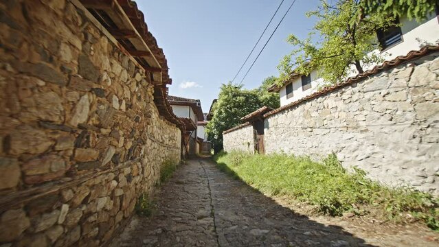 POV motion footage of historic architecture in the town of Koprivshtitsa, Bulgaria.