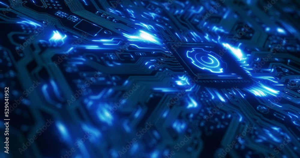 Poster Microchip, internet wifi or system software with futuristic network graphics, information technology or cyberpunk security. Future digital coding, CPU or software programming for scifi ai or iot