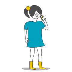 The girl drinks coffee, enjoying the drink and freedom. Young woman drawn doodle line art. Flat vector illustration, cartoon characters.