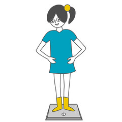 Girl-office worker, student, schoolgirl, weighed on the scales. Cartoon character drawn doodle. Flat vector.