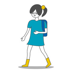 Joyful cute girl goes to school, drawn in doodle style. Office worker goes to work. Flat vector illustration.