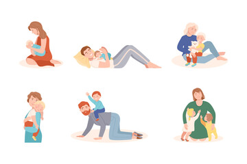 Parents Loving and Embracing Their Little Children Vector Illustration Set