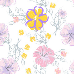 Pink Flowers Blooming Pattern. Pastel Watercolor.