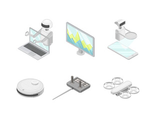 Robotic Technology with Electronic Equipment and Artificial Intelligence Like Robot, Smartphone, Computer and Drone Isometric Vector Set