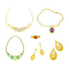 Jewellery or Jewelry Items and Personal Adornment with Ring, Necklace and Earrings Vector Set