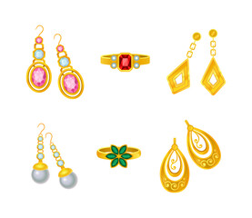 Jewellery or Jewelry Items and Personal Adornment with Ring and Earrings Vector Set