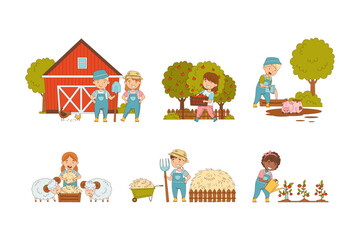 Little Children Working on the Farm Feeding Livestock, Harvesting and Gardening Vector Set