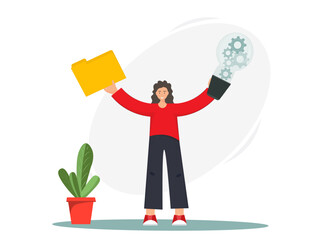 Happy woman having creative idea, businesswoman standing with idea documents and light bulb above his head, startup concept, invention concept, flat vector illustration