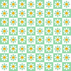 Pattern of squares and small flowers. Retro style 1970. Vector drawing. For clothing, packaging materials, design and prints, postcards and flyers, children products.