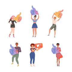 People Characters Holding Like Signs with Thumb Up as Notification of Approval Vector Illustration Set