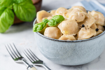 Tortellini or Pelmeni or Dumplings stuffed with meat served in a bowl, closeup view