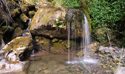 View of Cascade Aguasaliu, a waterfall in Vidosa, Asturias, Spain. Reduced stream flow because of drought.