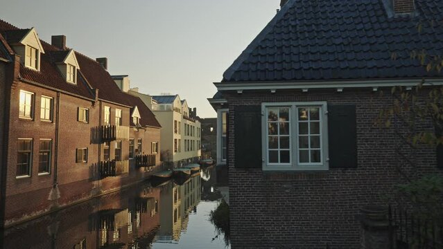 POV dolly shot of an empty street with typical historic architecture in Zutphen, Gelderland, Netherlands.