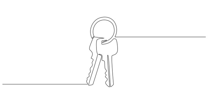 One continuous line drawing of house keys. Real estate and password and security concept in simple linear style. Editable stroke. Doodle vector illustration